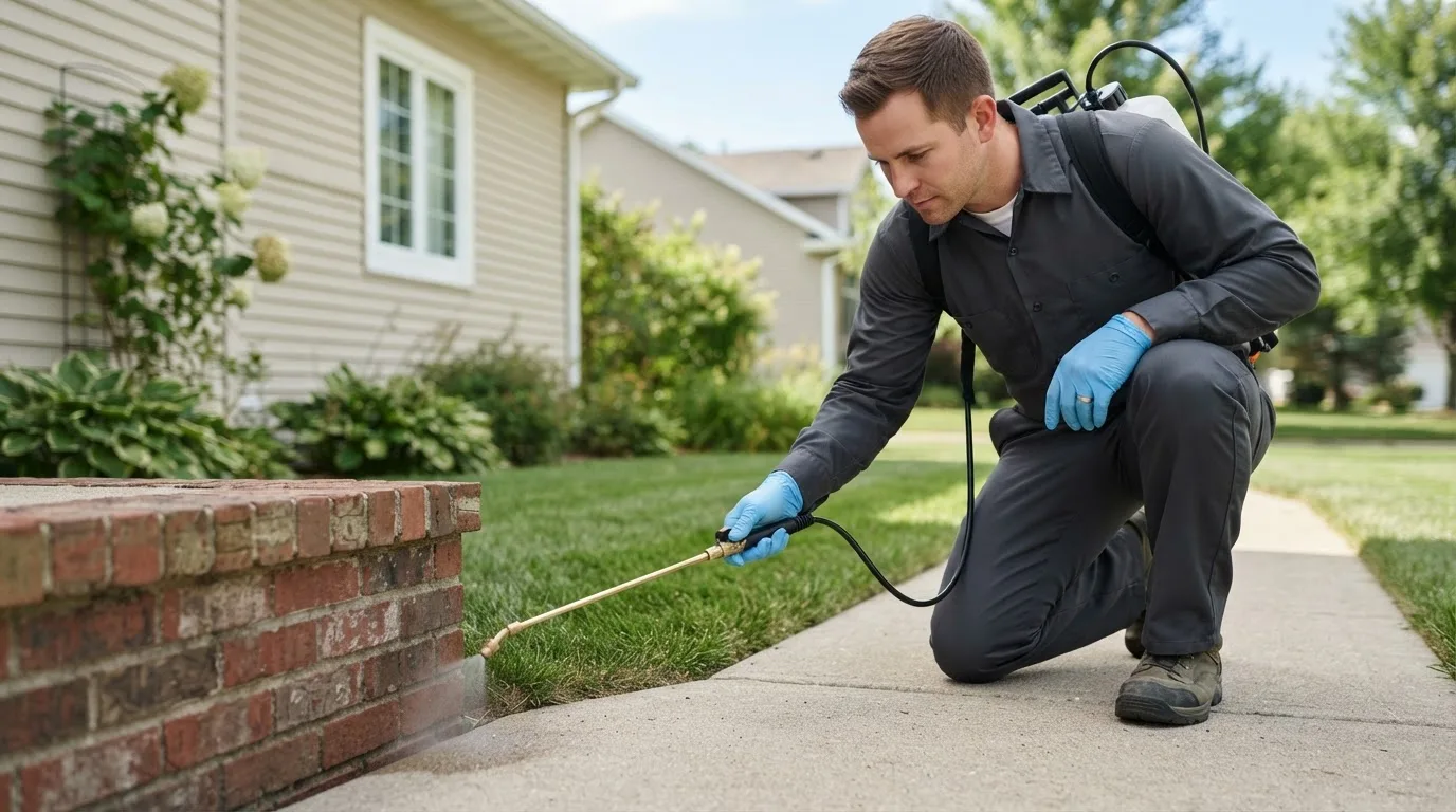 Pest control technician treating a home near Dimondale, MI