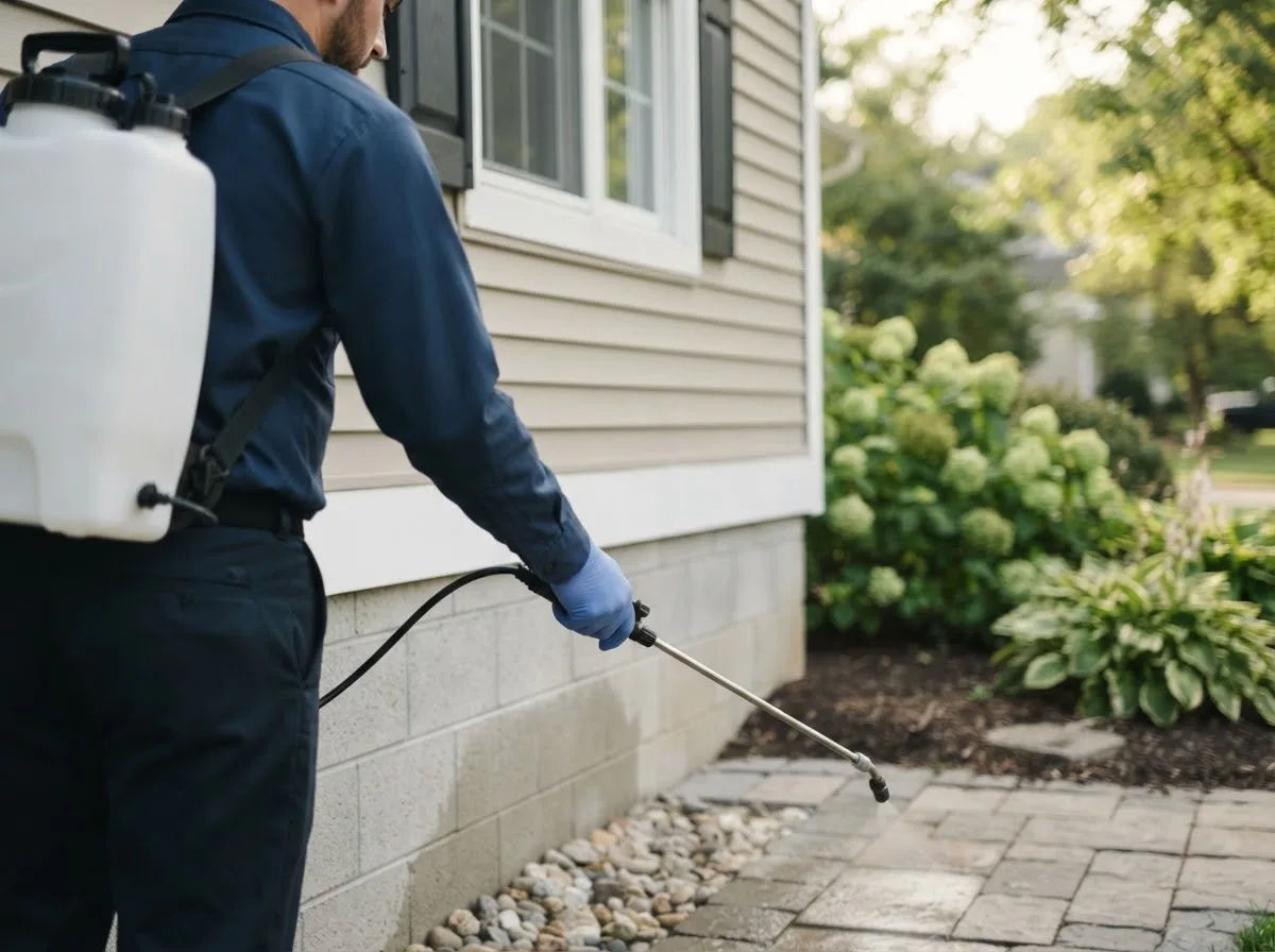 Pest control technician inspecting a home in Dimondale, MI